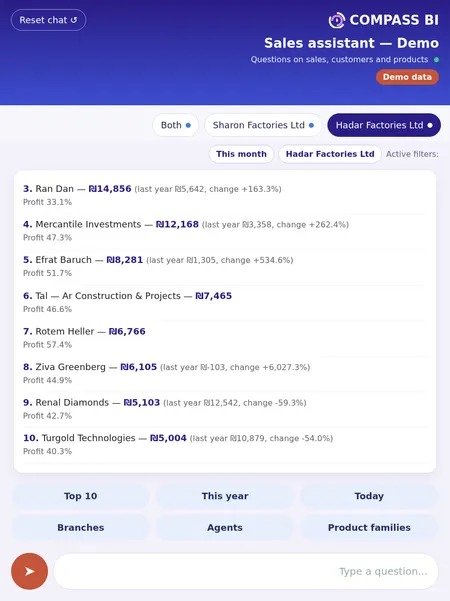 The AI agent answering a question about sales, demo data